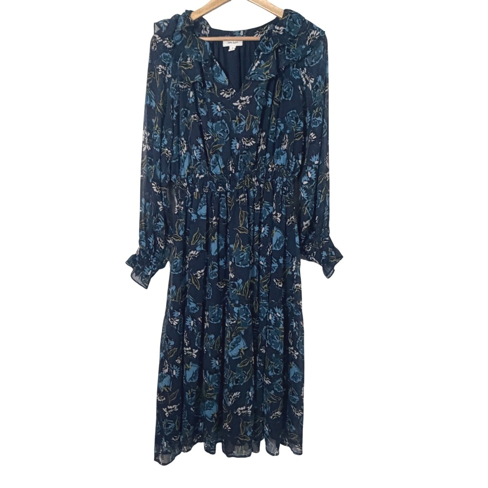 On 34th Floral Midi Dress Womens M Blue Green Ruffle Smocked Chiffon Excellent